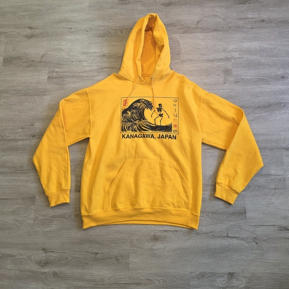 Bowery Kanagawa Japan Graphic Yellow Hoodie Size Large - Picture 1 of 4